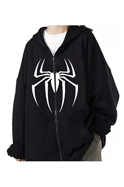 MECH BUTİK سويت شيرت بسحاب أسود للجنسين مطبوع عليه عنكبوت