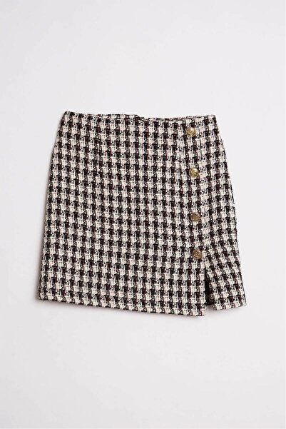 Robin Kadın Kazayağı Desenli Düğme Detaylı Yırmaçlı Etek D84128