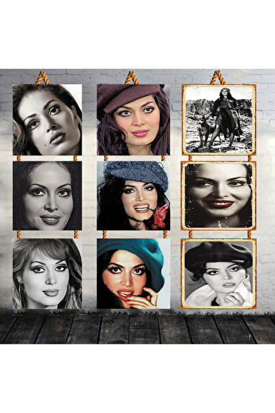 TAKIFİX Türkan Şoray Tasarımlı 9 Parça Üçlü Set 15x15 Cm Retro Ahşap Tablo