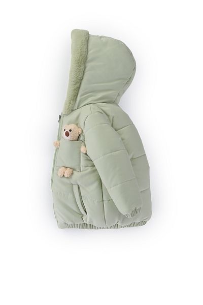 PODİUM GİYİM Trend Cute Baby Teddy Bear Fur Soft Fabric Pocket Gilded Hooded Winter Coat-Coat