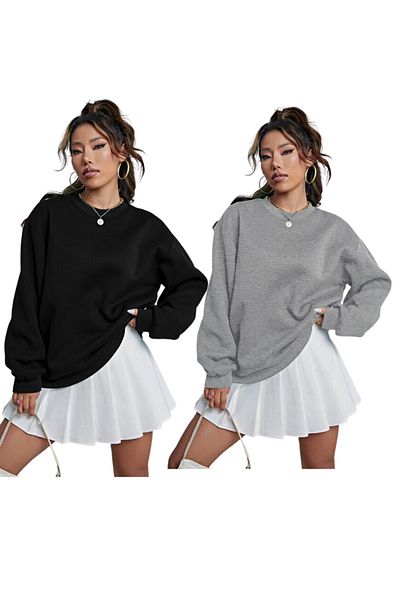 RABTEKS Pack of 2 Grey-Black Crew Neck Oversize Sweatshirts