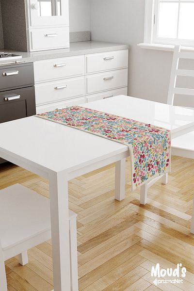 Moud's Colorful Pastel Floral Pattern Printed Suede Runner Tablecloth