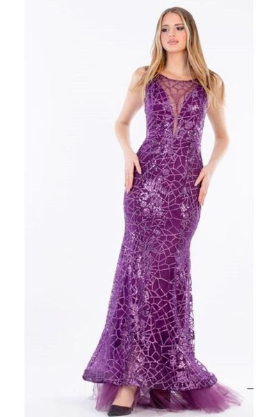 dükkan10butika Kadın Payetli Pullu Uzun Balık Model Abiye veya Mezuniyet ElbisesiMor