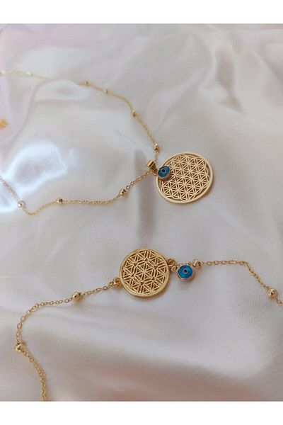 Bellinzona Gold Color Tree of Life Flower Evil Eye Set Necklace and Bracelet Set