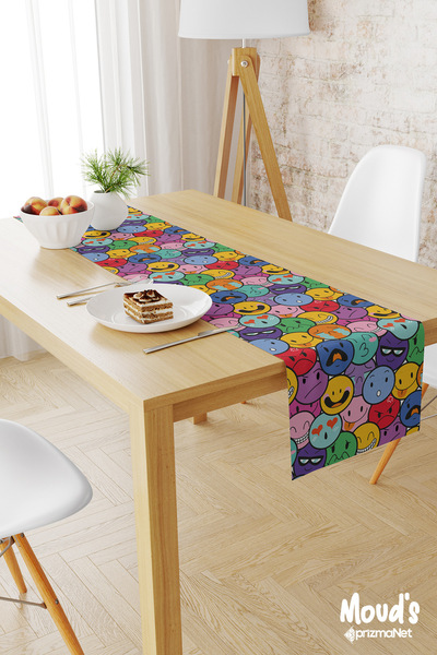 Moud's Emoji Desenli Baskılı Süet Runner Masa Örtüsü