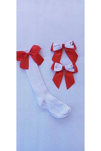 Sare Çocuk Giyim Ataturk Patterned Girl's White Knee-Cuff Socks Set