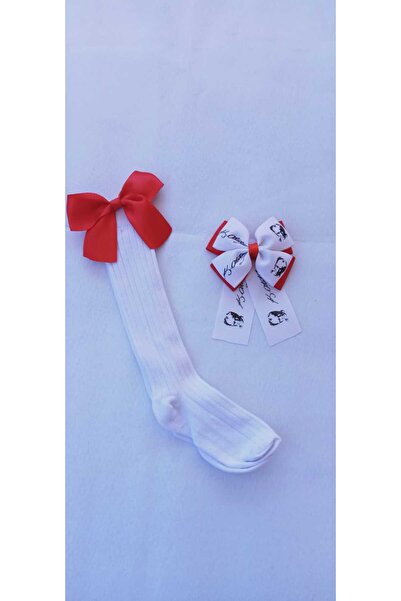 Sare Çocuk Giyim Atatürk Pattern Buckle Girls White Knee Socks Set