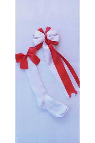 Sare Çocuk Giyim Girls' White Knee-Cuff Socks Set with Red Long Ribbon