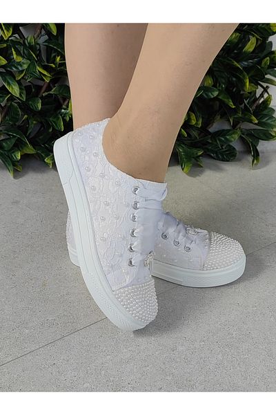 Ayakkabı Tutkusu Stilo ® Bridal Shoes Flat Sole Sports Pearl Detail White Wedding Dress Shoes Stilo Design
