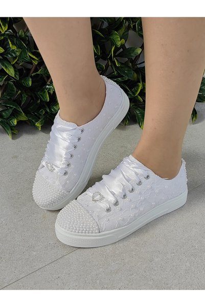 Ayakkabı Tutkusu Stilo ® Bridal Shoes Flat Sole Sports Pearl Detail White Wedding Dress Shoes Stilo Design