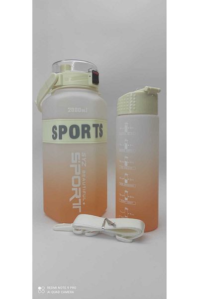 OPTİZON WHITE-ORANGE SET OF 2 Sport Motivational Water Bottle Water Bottle 2 Lt + 700 Ml Tritan - HEXagonal