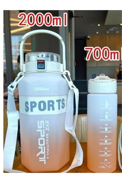 OPTİZON WHITE-ORANGE SET OF 2 Sport Motivational Water Bottle Water Bottle 2 Lt + 700 Ml Tritan - HEXagonal