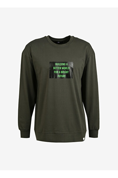 Caterpillar Haki Erkek Bisiklet Yaka Baskılı Uzun Kollu T-Shirt C3WM-TST03