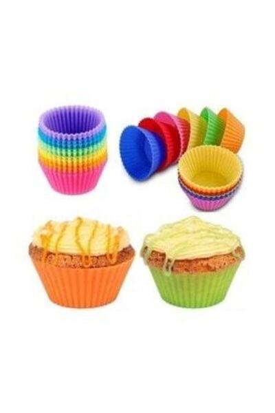 Bastonlu Yapışmaz Renkli Silikon Muffin Mini Kek Kalıbı 12'li Fma5652423