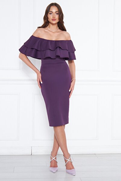 lovebox Flexible Scuba Fabric Madonna Neck Midi Length Pencil Cut Plum Plus Size Evening Dress 164