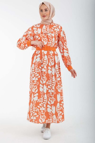 Armine TREND ARMINE TREND Floral Patterned Dress with Belted Waist-Orange 22K...