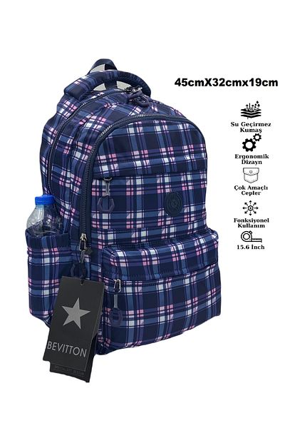 Bevitton Unisex Satin Plaid Navy Blue School Backpack - Waterproof 20289