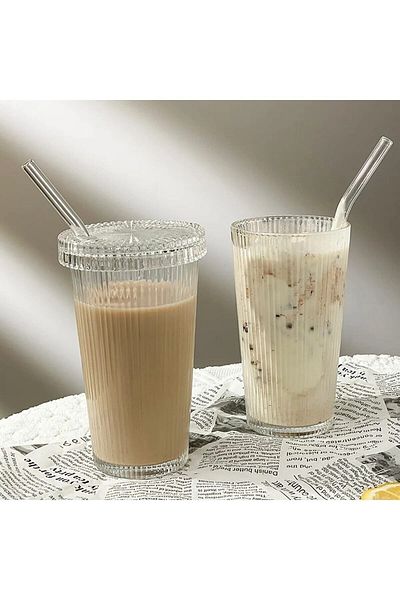 ISLANDSHOP Set of 2 Pinterest Model Origami Striped Mica Lid Glass Cup with Straw
