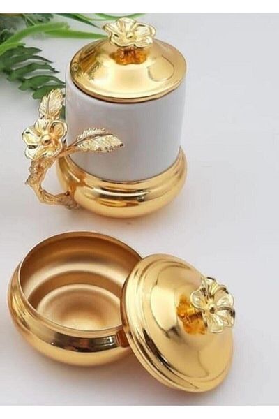 Aker Hediyelik Groom's Coffee Cup Set with Turkish Delight Holder Cup Sets Gold Metallic Yellow Gold Yellow Cups