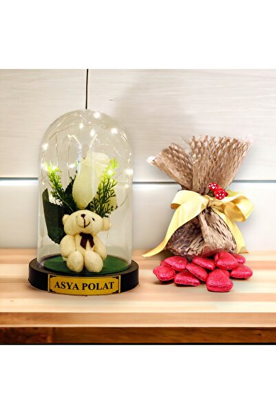 hediye arıları Kişiye Özel Peluş Ayıcık Temalı ve Beyaz Gül Çiçekli Işıklı Fa...