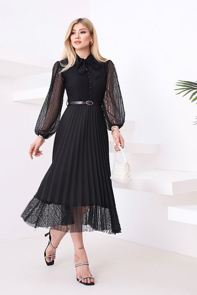 lovebox Women's Black Belt Gift Pleated Design Long Sleeve Lace Evening Dress 57834