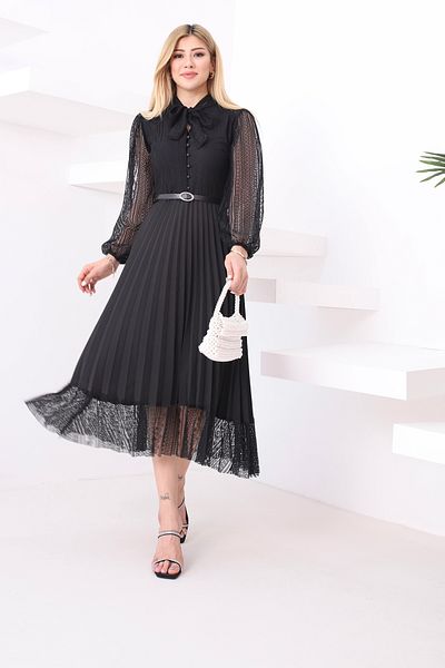 lovebox Women's Black Belt Gift Pleated Design Long Sleeve Lace Evening Dress 57834