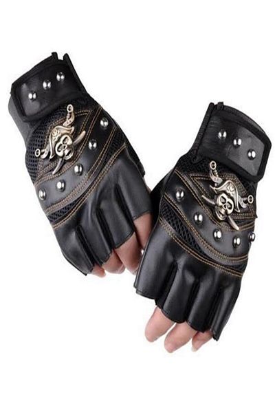 mugees Skull Pattern Fingerless Men's Leather Gloves