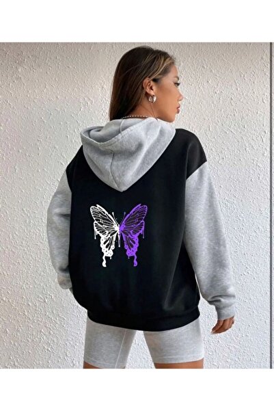 LOUİSA Cardigan supradimensionat cu glugă cu detaliu violet-alb imprimat cu fluturi, negru-gri