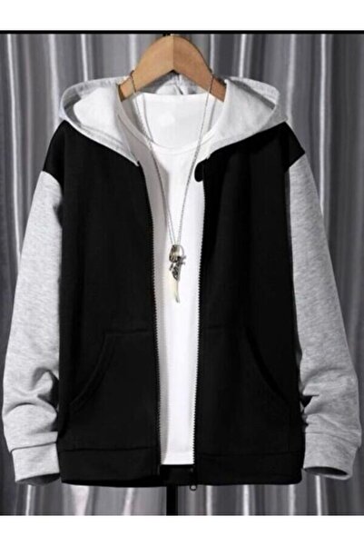 LOUİSA Cardigan supradimensionat cu glugă cu detaliu violet-alb imprimat cu fluturi, negru-gri