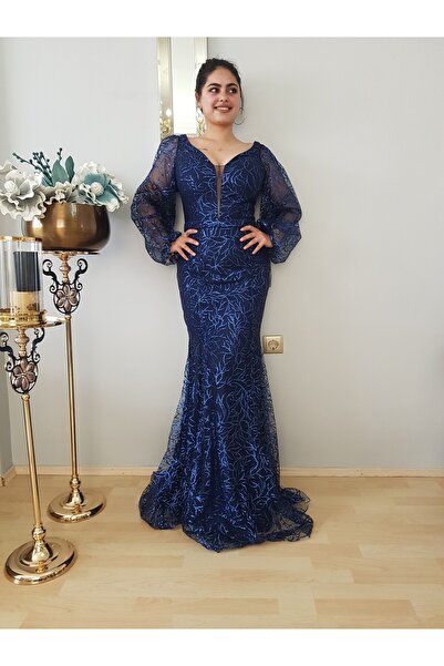 FERGAN KADIN LACİVERT UZUN KOL SİMLİ KUMAŞ BALIK TASARIM ABİYE ELBİSE