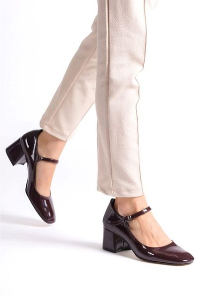Ayakkabı Podyumum "CANSU" Claret Red Patent Leather Closed Round Toe 5 cm Thick Heel