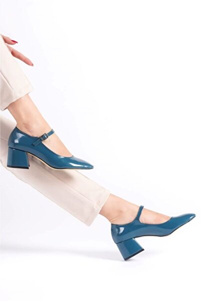 Ayakkabı Podyumum Petrol Rugan Kapalı Yuvarlak Burunlu 5 cm Kalın Ökçe