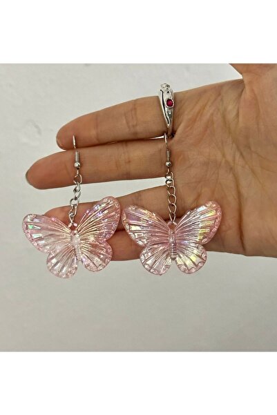 sleyshop Pembe Renk Hologramlı Kelebek Küpe