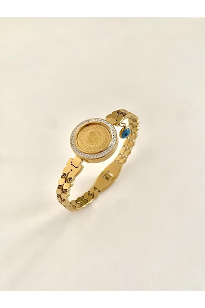 BATUHAN STORE Nazar Boncuğu Sallantılı Arpa Zinciri Detay Gold Renk Çelik Kelepçe Bileklik