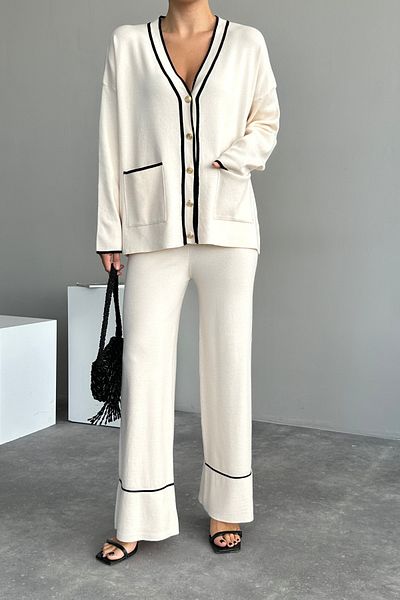 LOOSH Set de tricotaje pentru femei, crem, cu nasturi aurii, cardigan cu dungi cu picioare late, pantaloni cu talie înaltă