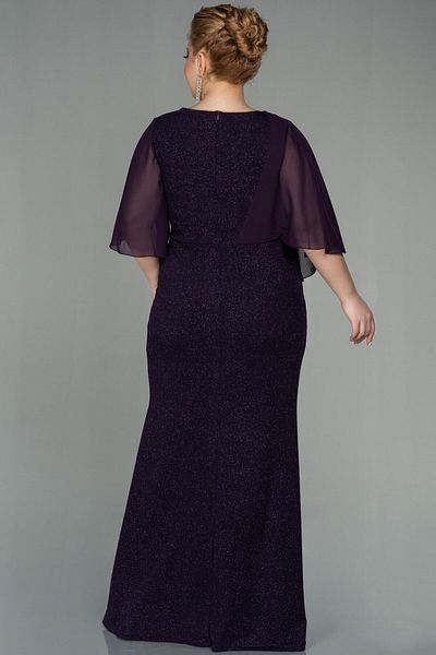 Abiyefon Purple Short Sleeve Long Glitter Plus Size Evening Dress Abu2857