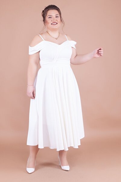 lovebox Βραδινό φόρεμα 342 με λουράκι χαμηλού ώμου με διπλό στήθος λαιμό Midi μήκος Λευκό Plus Size