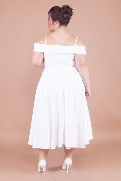 lovebox Βραδινό φόρεμα 342 με λουράκι χαμηλού ώμου με διπλό στήθος λαιμό Midi μήκος Λευκό Plus Size