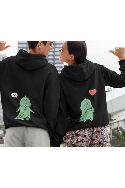 Mythologie Cute Dinosaurs Lover Couple Combination - Μαύρη στάμπα Oversize φούτερ με κουκούλα
