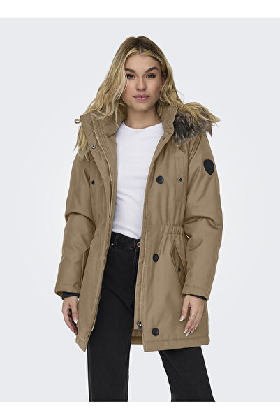 ONLY Açık Kahve Kadın Kapüşonlu Düz Kaban