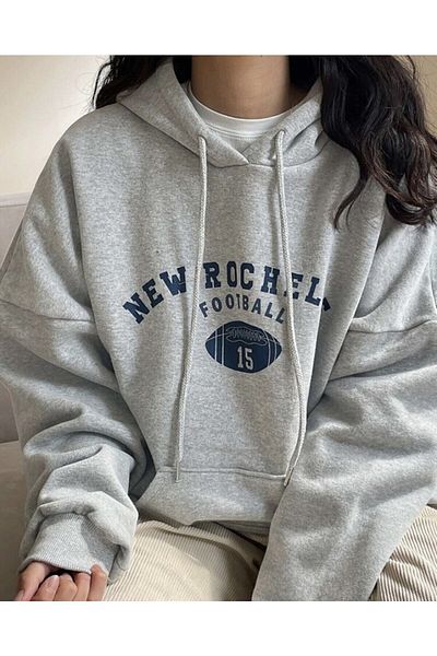 ZEMLİYA Hanorac oversize cu glugă cu imprimeu New Rochelle, gri pentru femei