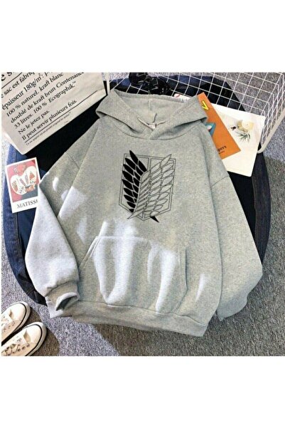 ZEMLİYA Erkek Gri Attack On Titan Logo Oversize Kapüşonlu Sweatshirt Hoodie