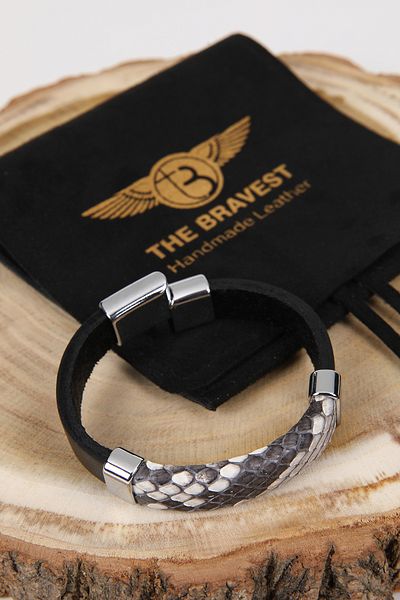 MRHERO Mh018 Unisex Black Pieced Genuine Python Leather Handmade Leather Bracelet