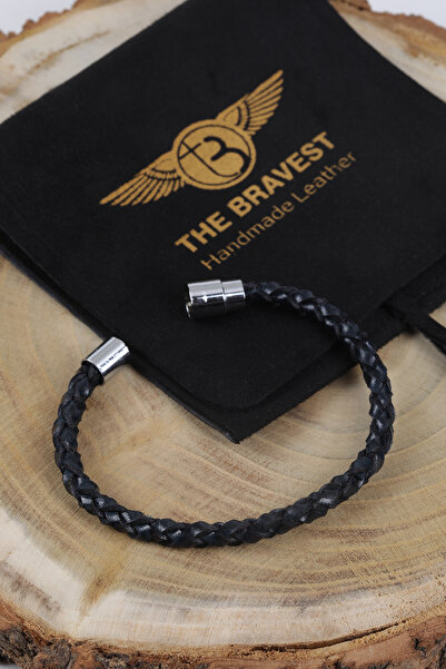 MRHERO Mh033 Erkek Lacivert Tek Örgü Hakiki Deri El Yapımı Deri Bileklik