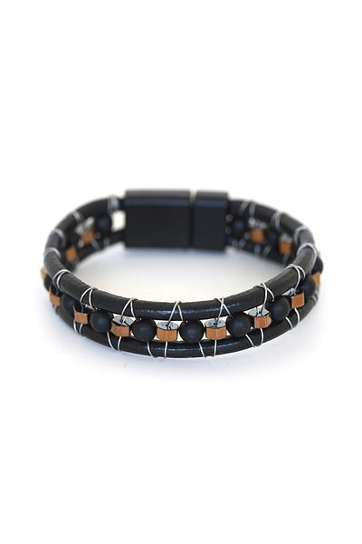 MRHERO Mh032 Men's Brown Steel Wire Wrapped Natural Stone Leather Thread Handmade Genuine Leather Bracelet