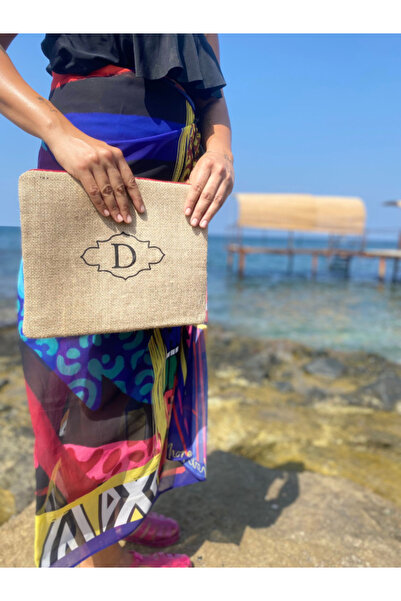 D Harfli Clutch Çanta - Jüt Kumaş