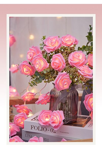 ebulduk Dekoratif Gül Tasarımlı Led Işık-Yapay Pembe Gül Tasarımlı Led Işık-3...