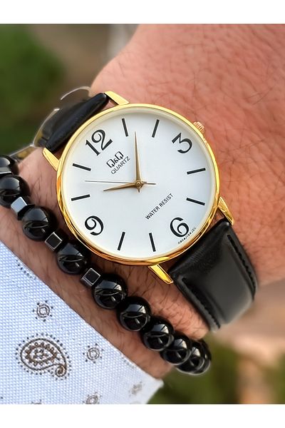 Q&Q Retro Black Color, 24 Months Warranty, Waterproof, Leather Strap Men's Wristwatch+Bracelet