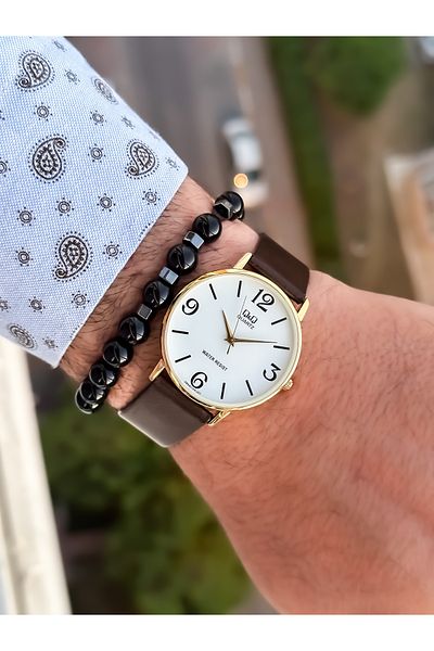 Q&Q Retro Brown, 24 months Warranty, Waterproof, Leather Strap Men's Wristwatch + Bracelet