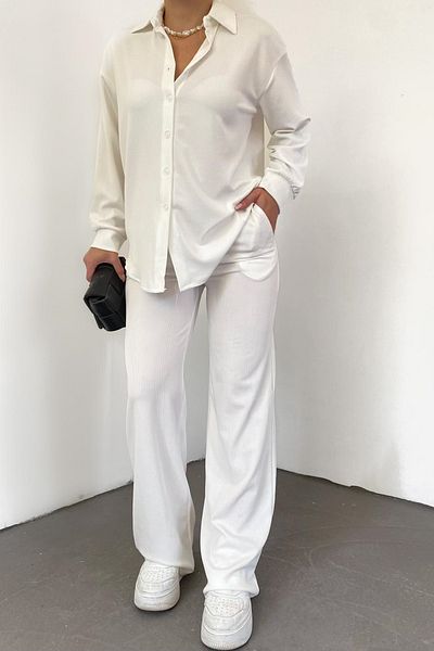 lovebox Dámská oversize designová košile a kalhoty Seersucker White Double Suit 10786